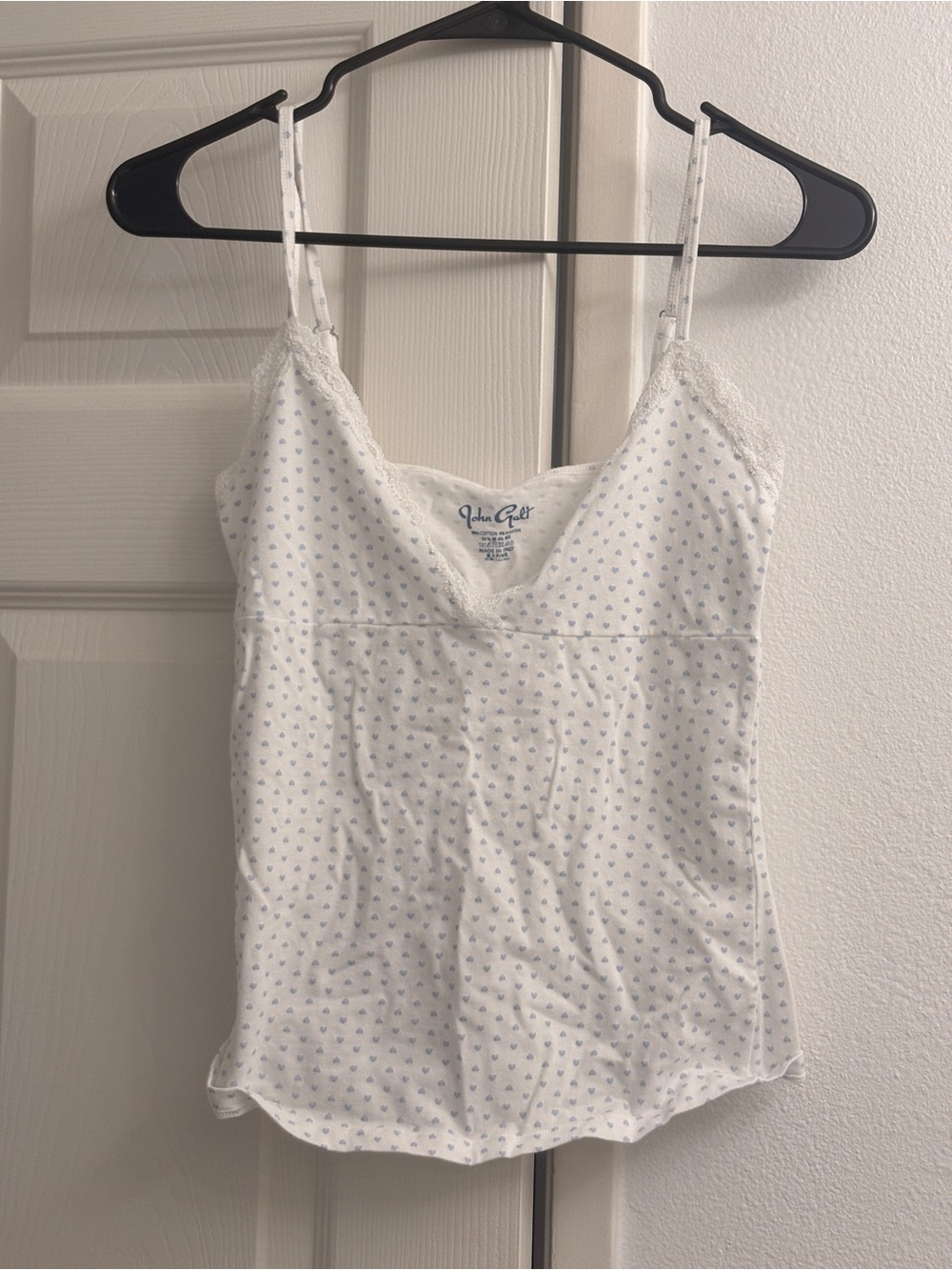 Brandy Melville White Cami with Light Blue Heart Print and Lace Trim